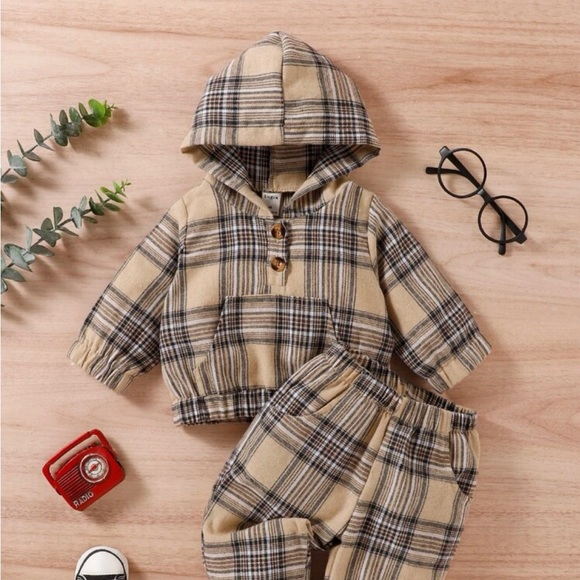 Baby plaid print kangaroos pocket hoodie & sweat pants - Picture 1 of 5